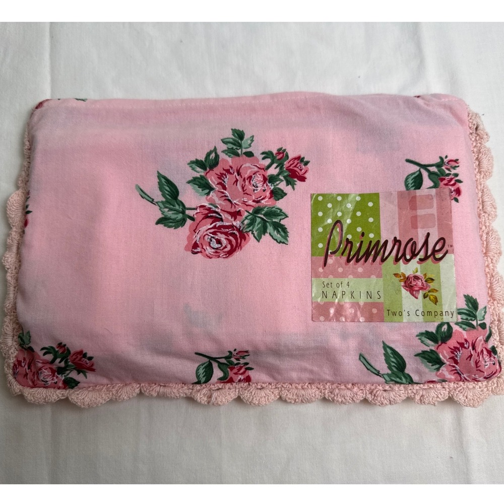 Two's Company Primrose Pink Floral Cotton Napkins Set of 4 with Lace Pouch Bag